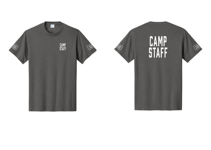 NYC Factory Custom Logo Camp Staff T-Shirt, Condensed Lettering - Chest + Back + Your Logo Sleeves - Charcoal