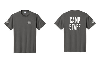 NYC Factory Unisex Custom Logo Camp Staff T-Shirt - Your Logo + Back + US Flag Sleeve - Charcoal