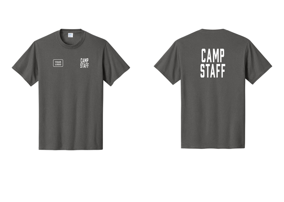 NYC Factory Custom Logo Camp Staff T-Shirt, Condensed Lettering - CAMP STAFF + Your Logo + Back - Charcoal