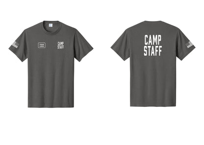 NYC Factory Custom Logo Camp Staff T-Shirt, Condensed Lettering - CAMP STAFF + Your Logo + Back + US Flag Sleeve - Charcoal