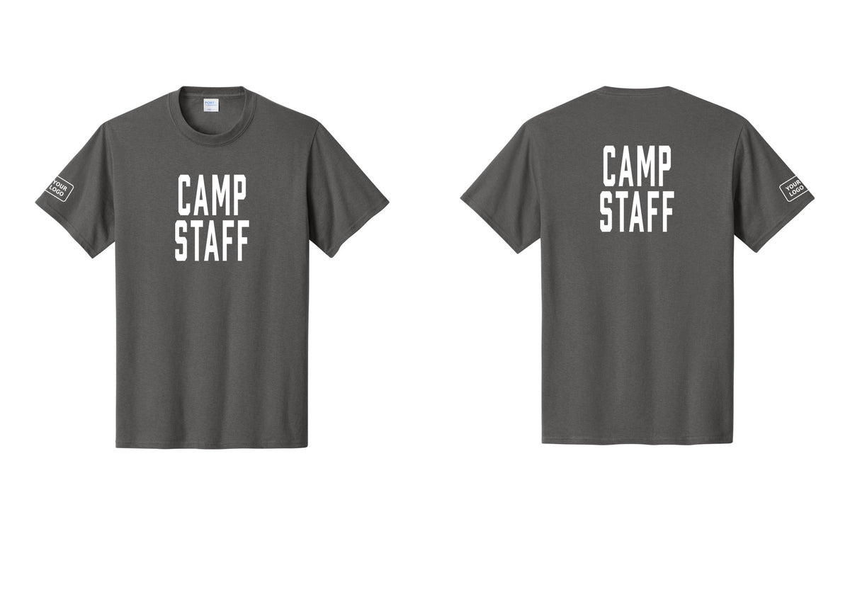 NYC Factory Custom Logo Camp Staff T-Shirt, Condensed Lettering - Front + Back + Your Logo Sleeve - Charcoal