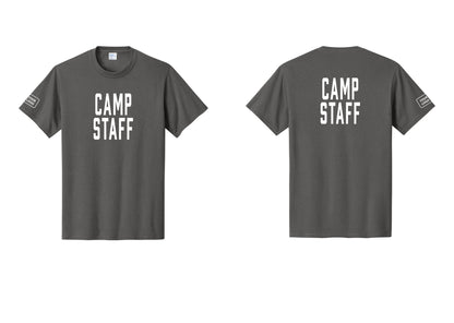 NYC Factory Custom Logo Camp Staff T-Shirt, Condensed Lettering - Front + Back + Your Logo Sleeve - Charcoal