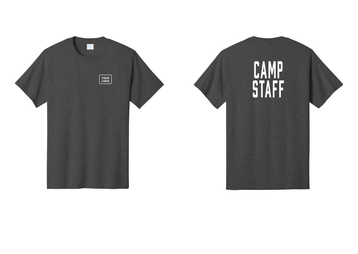 NYC Factory Custom Logo Camp Staff T-Shirt, Condensed Lettering - Your Logo + Back - Dark Heather Grey