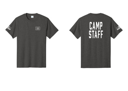 NYC Factory Unisex Custom Logo Camp Staff T-Shirt - Your Logo + Back + US Flag Sleeve - Dark Heather Grey
