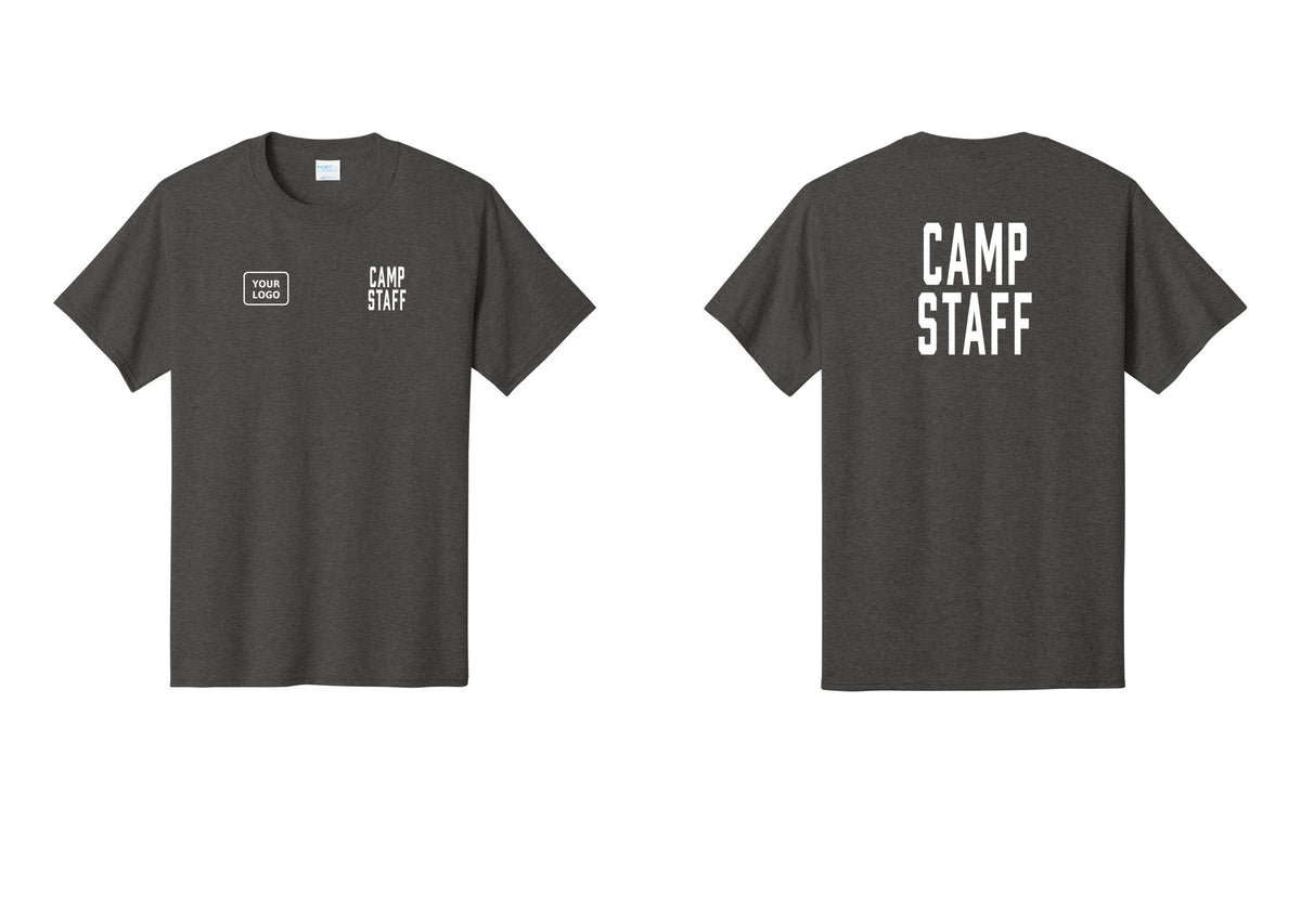NYC Factory Custom Logo Camp Staff T-Shirt, Condensed Lettering - CAMP STAFF + Your Logo + Back - Dark Heather Grey
