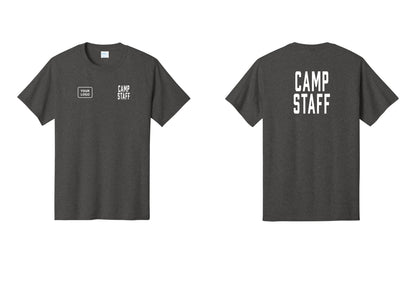 NYC Factory Custom Logo Camp Staff T-Shirt, Condensed Lettering - CAMP STAFF + Your Logo + Back - Dark Heather Grey