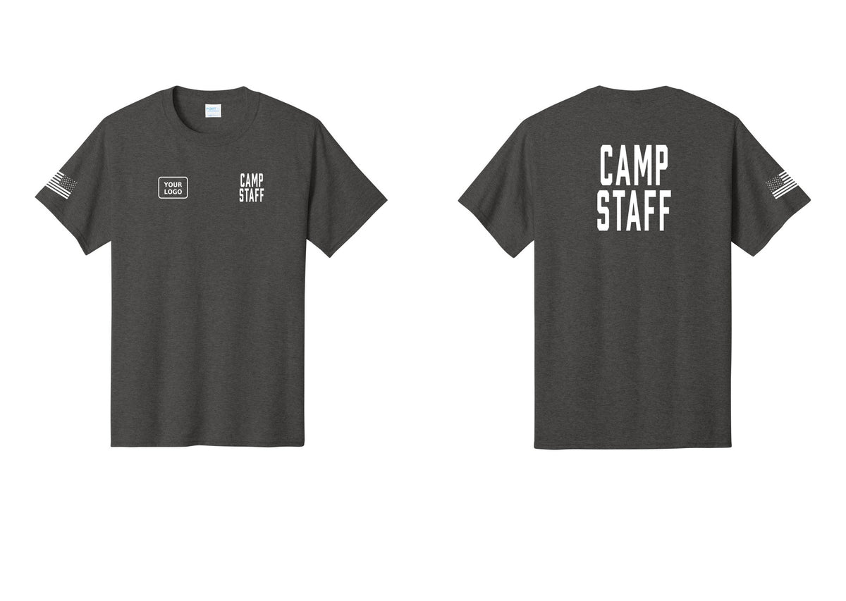 NYC Factory Custom Logo Camp Staff T-Shirt, Condensed Lettering - CAMP STAFF + Your Logo + Back + US Flag Sleeve - Dark Heather Grey