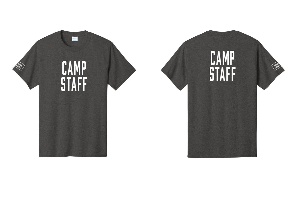 NYC Factory Custom Logo Camp Staff T-Shirt, Condensed Lettering - Front + Back + Your Logo Sleeve - Dark Heather Grey