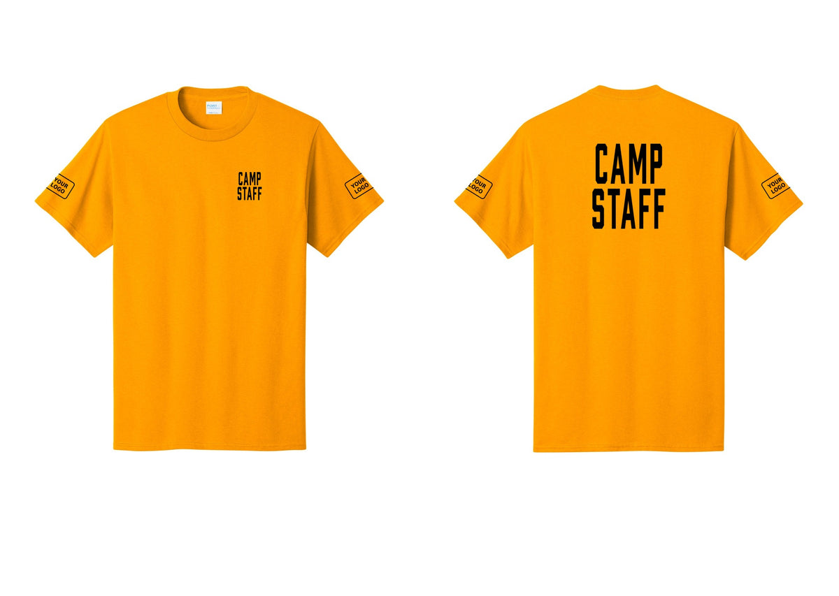 NYC Factory Custom Logo Camp Staff T-Shirt, Condensed Lettering - Chest + Back + Your Logo Sleeves - Gold