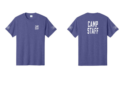 NYC Factory Custom Logo Camp Staff T-Shirt, Condensed Lettering - Chest + Back + Your Logo Sleeves - Heather Purple