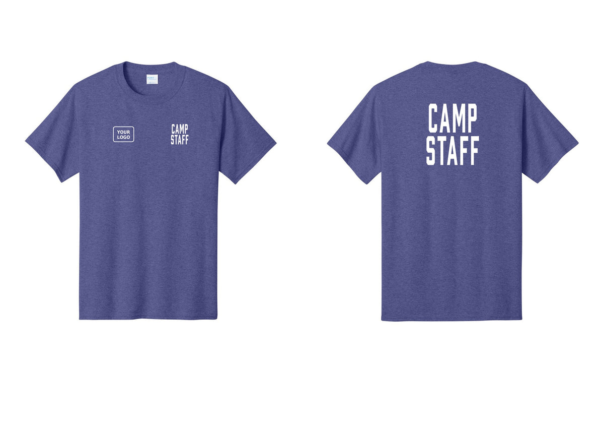 NYC Factory Custom Logo Camp Staff T-Shirt, Condensed Lettering - CAMP STAFF + Your Logo + Back - Heather Purple