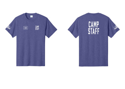 NYC Factory Custom Logo Camp Staff T-Shirt, Condensed Lettering - CAMP STAFF + Your Logo + Back + US Flag Sleeve - Heather Purple