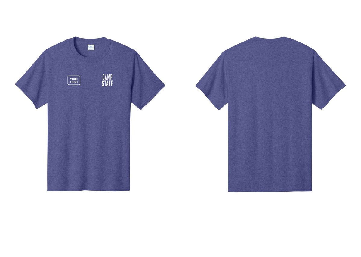 NYC Factory Custom Logo Camp Staff T-Shirt, Condensed Lettering - CAMP STAFF + Your Logo - Heather Purple
