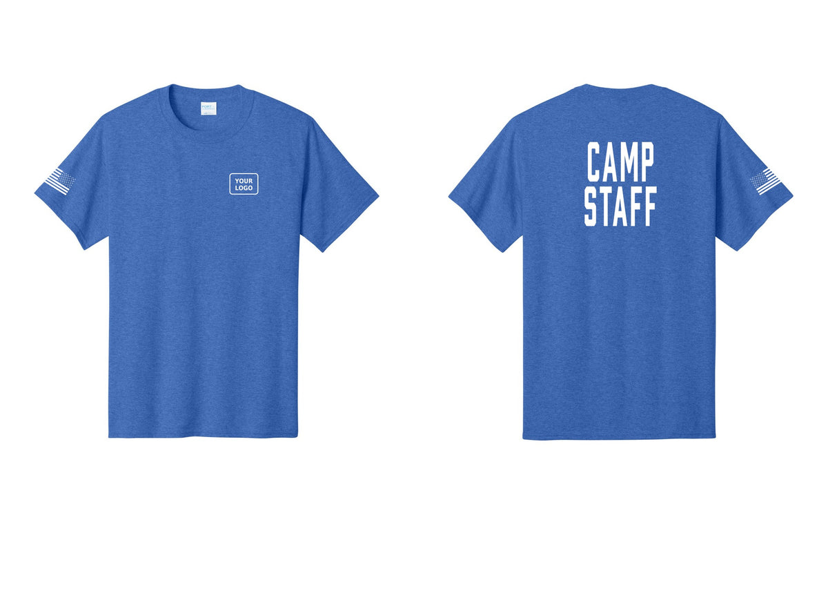 NYC Factory Custom Logo Camp Staff T-Shirt, Condensed Lettering - Your Logo + Back + US Flag Sleeve - Heather Royal