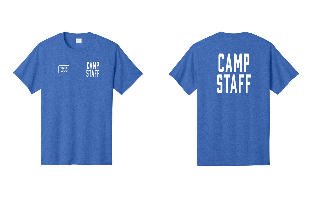 NYC Factory Unisex Custom Logo Camp Staff T-Shirt - CAMP STAFF + Your Logo + Back - Heather Royal