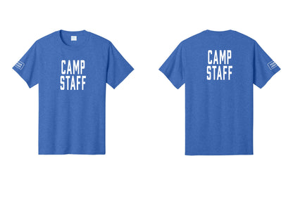 NYC Factory Custom Logo Camp Staff T-Shirt, Condensed Lettering - Front + Back + Your Logo Sleeve - Heather Royal