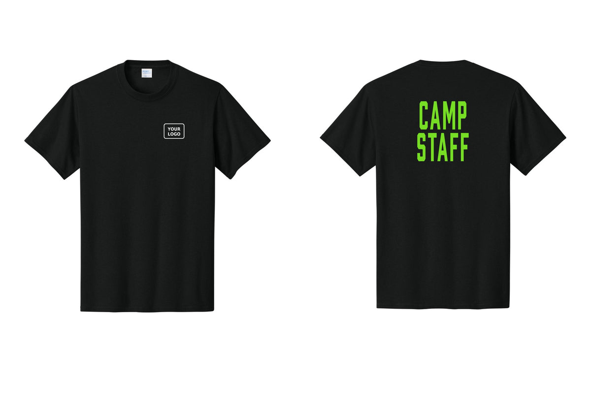 NYC Factory Custom Logo Camp Staff T-Shirt, Condensed Lettering - Your Logo + Back - Black / Neon