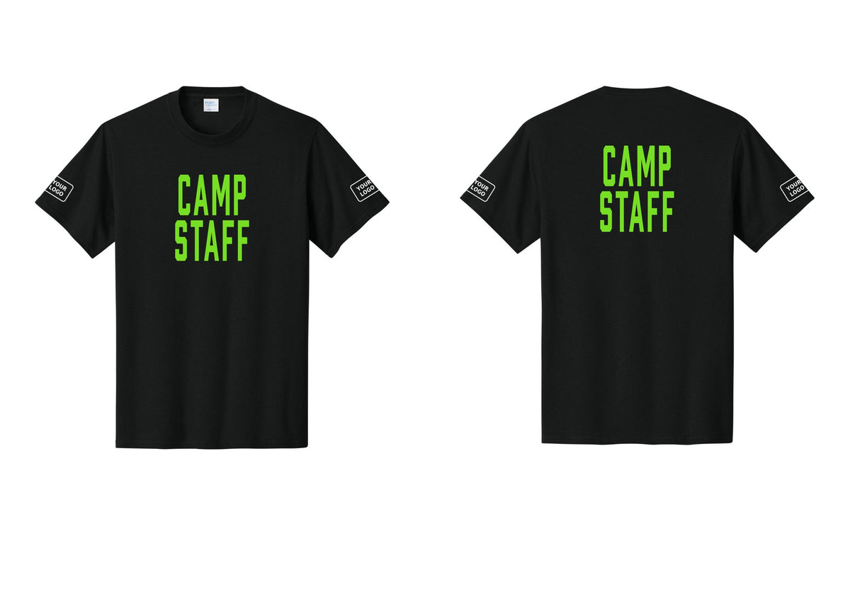 NYC Factory Custom Logo Camp Staff T-Shirt, Condensed Lettering - Front + Back + Your Logo Sleeves - Black / Neon