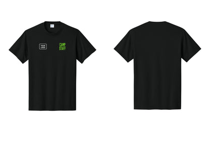 NYC Factory Custom Logo Camp Staff T-Shirt, Condensed Lettering - CAMP STAFF + Your Logo - Black / Neon