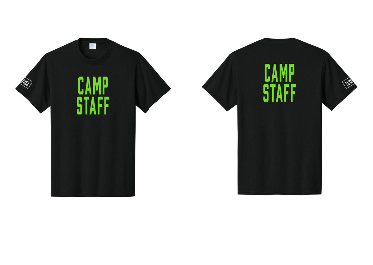 NYC Factory Custom Logo Camp Staff T-Shirt, Condensed Lettering - Front + Back + Your Logo Sleeve - Black / Neon