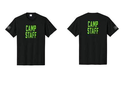 NYC Factory Custom Logo Camp Staff T-Shirt, Condensed Lettering - Front + Back + Your Logo Sleeve - Black / Neon