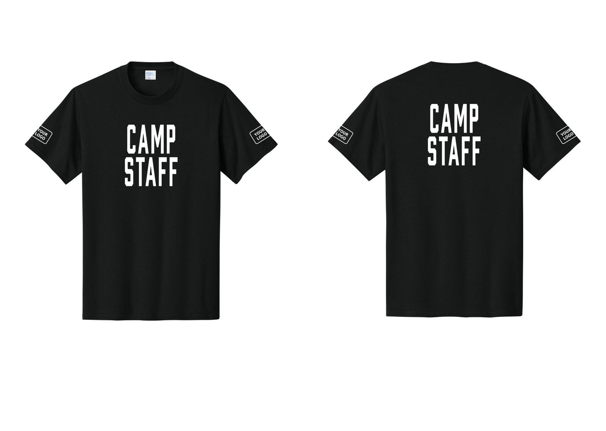 NYC Factory Custom Logo Camp Staff T-Shirt, Condensed Lettering - Front + Back + Your Logo Sleeves - Black
