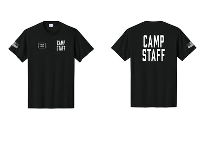 NYC Factory Unisex Custom Logo Camp Staff T-Shirt - CAMP STAFF + Your Logo + Back + US Flag Sleeve - Black