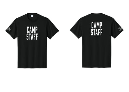 NYC Factory Custom Logo Camp Staff T-Shirt, Condensed Lettering - Front + Back + Your Logo Sleeve - Black