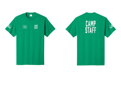 NYC Factory Custom Logo Camp Staff T-Shirt, Condensed Lettering - CAMP STAFF + Your Logo + Back + US Flag Sleeve - Kelly