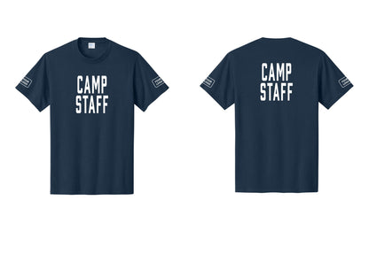 NYC Factory Custom Logo Camp Staff T-Shirt, Condensed Lettering - Front + Back + Your Logo Sleeves - Navy