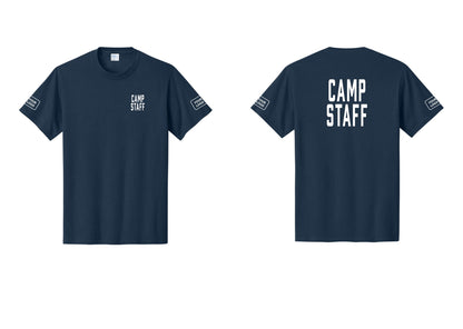 NYC Factory Custom Logo Camp Staff T-Shirt, Condensed Lettering - Chest + Back + Your Logo Sleeves - Navy