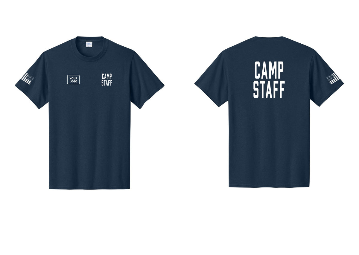 NYC Factory Custom Logo Camp Staff T-Shirt, Condensed Lettering - CAMP STAFF + Your Logo + Back + US Flag Sleeve - Navy