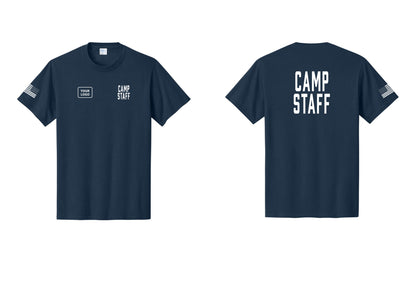 NYC Factory Custom Logo Camp Staff T-Shirt, Condensed Lettering - CAMP STAFF + Your Logo + Back + US Flag Sleeve - Navy