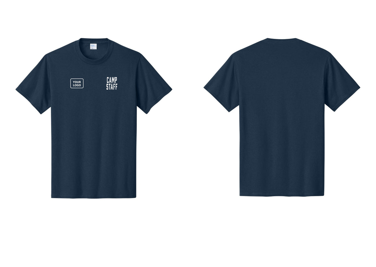 NYC Factory Custom Logo Camp Staff T-Shirt, Condensed Lettering - CAMP STAFF + Your Logo - Navy