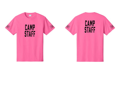 NYC Factory Custom Logo Camp Staff T-Shirt, Condensed Lettering - Front + Back + Your Logo Sleeves - Neon Pink