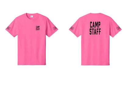 NYC Factory Custom Logo Camp Staff T-Shirt, Condensed Lettering - Chest + Back + Your Logo Sleeves - Neon Pink