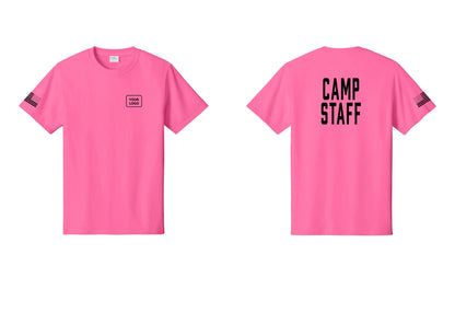 NYC Factory Custom Logo Camp Staff T-Shirt, Condensed Lettering - Your Logo + Back + US Flag Sleeve - Neon Pink