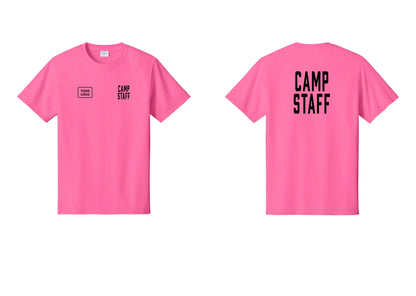 NYC Factory Custom Logo Camp Staff T-Shirt, Condensed Lettering - CAMP STAFF + Your Logo + Back - Neon Pink