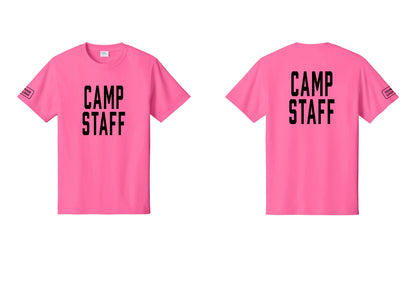 NYC Factory Unisex Custom Logo Camp Staff T-Shirt - Front + Back + Your Logo Sleeve - Neon Pink