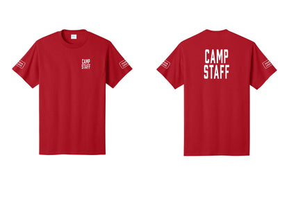 NYC Factory Custom Logo Camp Staff T-Shirt, Condensed Lettering - Chest + Back + Your Logo Sleeves - Red