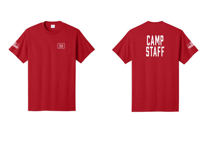 NYC Factory Custom Logo Camp Staff T-Shirt, Condensed Lettering - Your Logo + Back + US Flag Sleeve - Red