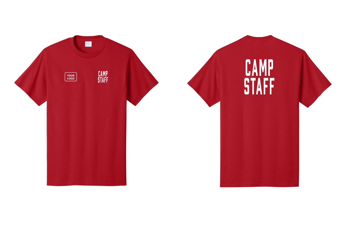NYC Factory Custom Logo Camp Staff T-Shirt, Condensed Lettering - CAMP STAFF + Your Logo + Back - Red