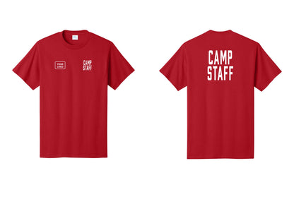NYC Factory Custom Logo Camp Staff T-Shirt, Condensed Lettering - CAMP STAFF + Your Logo + Back - Red