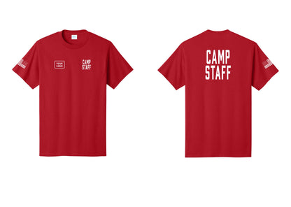 NYC Factory Custom Logo Camp Staff T-Shirt, Condensed Lettering - CAMP STAFF + Your Logo + Back + US Flag Sleeve - Red