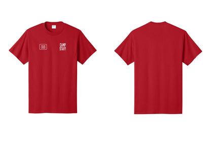 NYC Factory Custom Logo Camp Staff T-Shirt, Condensed Lettering - CAMP STAFF + Your Logo - Red