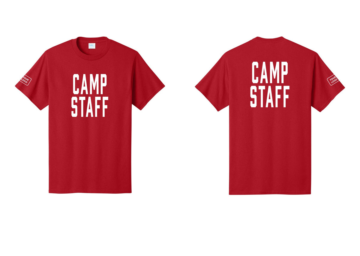 NYC Factory Unisex Custom Logo Camp Staff T-Shirt - Front + Back + Your Logo Sleeve - Red