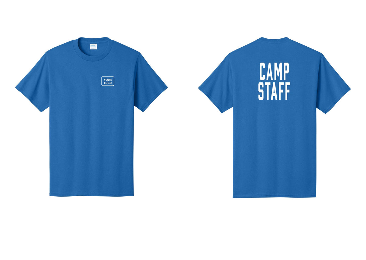 NYC Factory Custom Logo Camp Staff T-Shirt, Condensed Lettering - Your Logo + Back - Royal