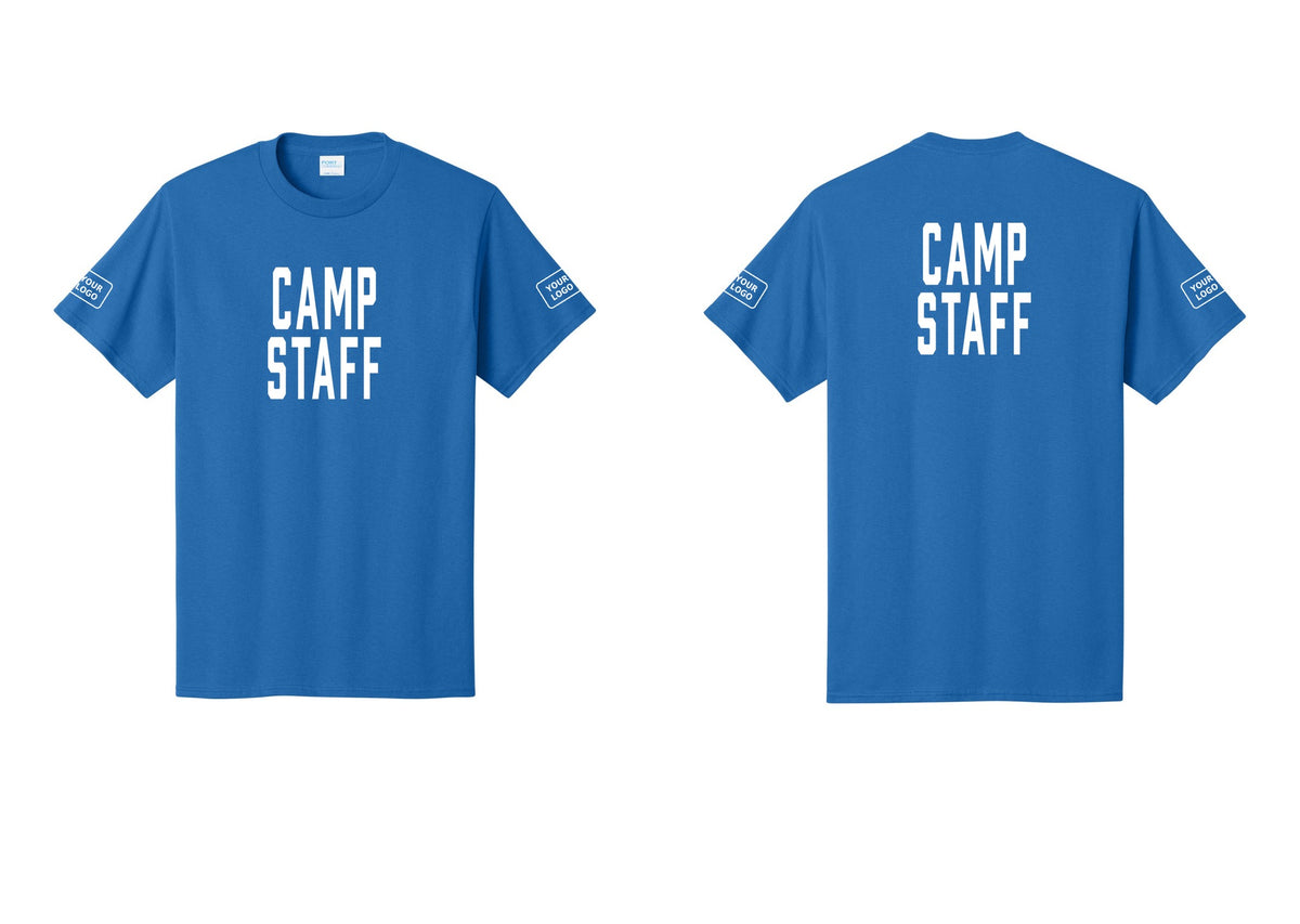 NYC Factory Custom Logo Camp Staff T-Shirt, Condensed Lettering - Front + Back + Your Logo Sleeves - Royal