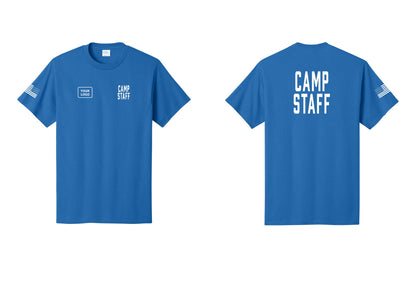NYC Factory Custom Logo Camp Staff T-Shirt, Condensed Lettering - CAMP STAFF + Your Logo + Back + US Flag Sleeve - Royal