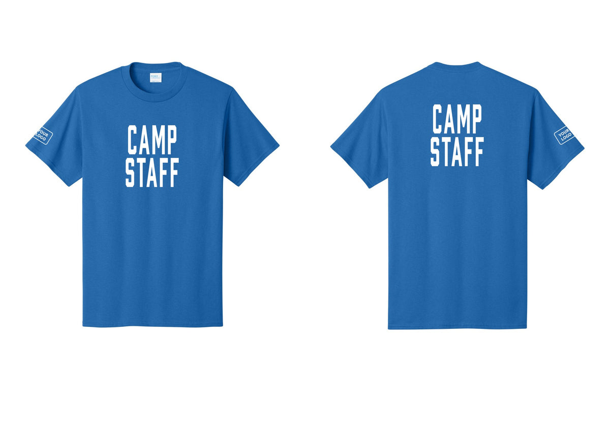 NYC Factory Custom Logo Camp Staff T-Shirt, Condensed Lettering - Front + Back + Your Logo Sleeve - Royal